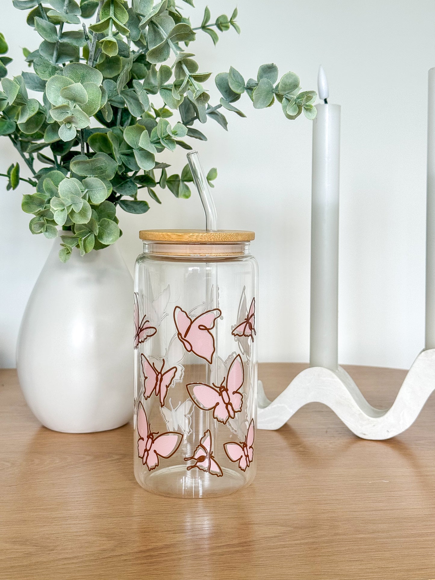 Pink Butterflies Glass Cup