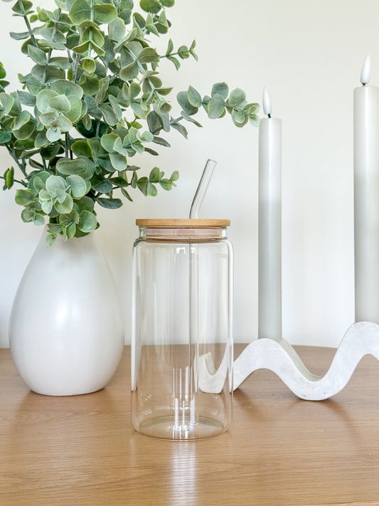 Custom Glass Cup with Bamboo Lid & Straw