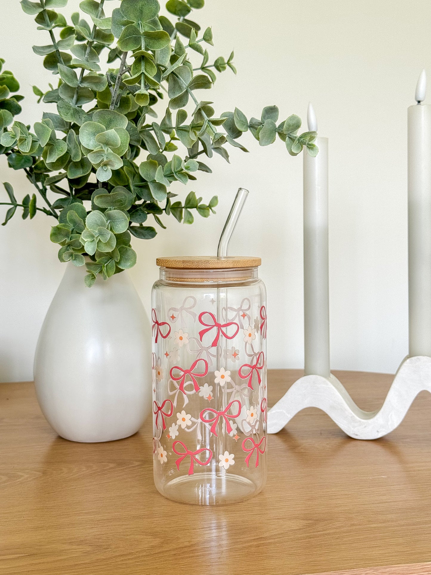 Pink Bows Glass Cup