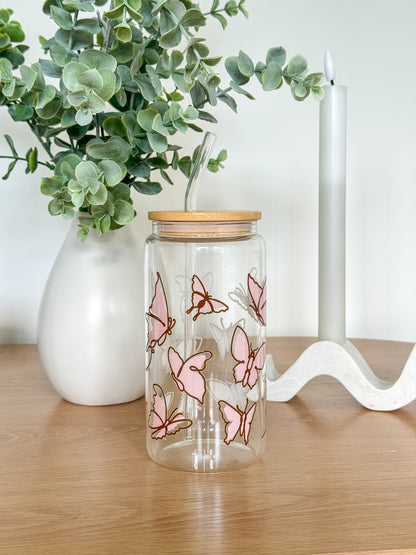 Pink Butterflies Glass Cup
